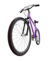 Fototapeta premium Purple bicycle, front side view with wide angle shot of the front wheel. Black leather saddle and handles. Png clipart isolated on transparent background
