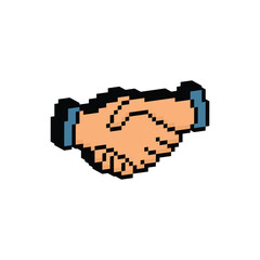 isometric pixel hand shake icon. Vector pixel art handshake 8 bit logo for game