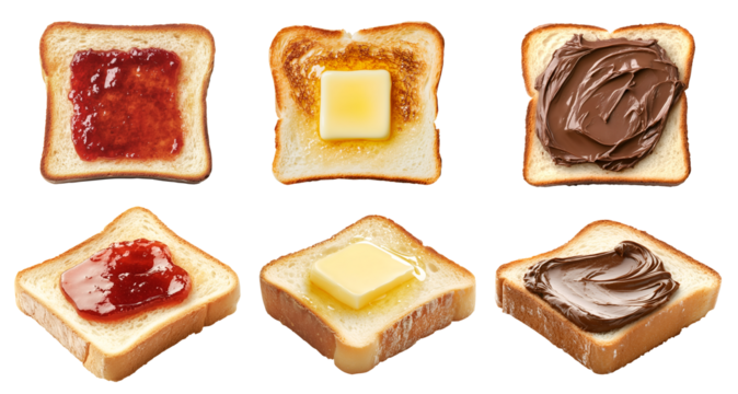 Collection set of spread on bread toast loaf slice, side top view, on transparent cutout, PNG. Many different flavour, butter, chocolate, strawberry raspberry jelly jam. Mockup template for artwork