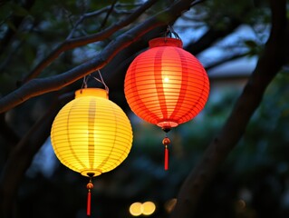 Obraz premium Yellow and red lanterns illuminating the streets during the Chinese New Year festival. Photo taken with an SLR camera.