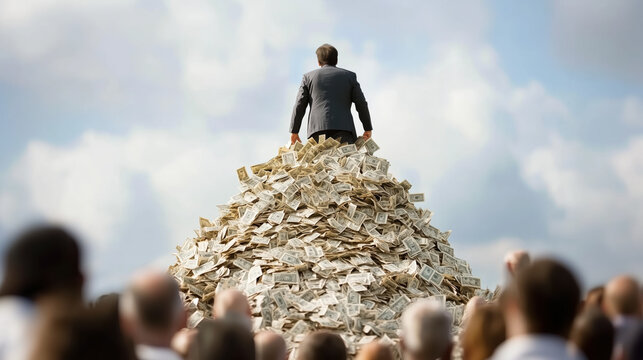Man sitting on pile of money, surrounded by crowd, symbolizing wealth
