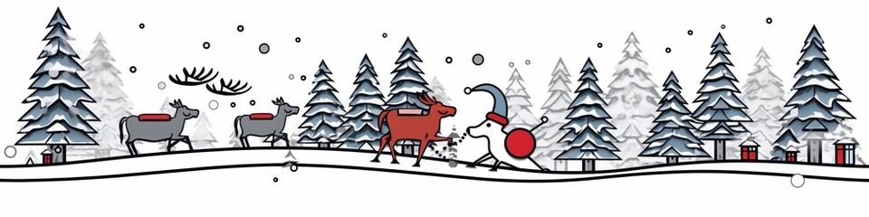 Obraz premium Whimsical winter scene with snowman and reindeer in snowy forest landscape.