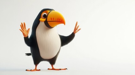 Naklejka premium A cheerful cartoon toucan stands with its hands raised, showcasing a playful design.