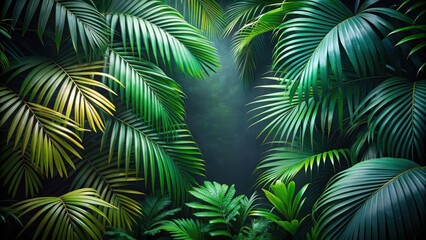 Naklejka premium A lush tropical foliage backdrop with vibrant green palm leaves framing a dark green center