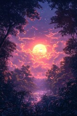 A Silhouetted Forest Canopy with a Full Moon and a Glowing Sky at Dusk