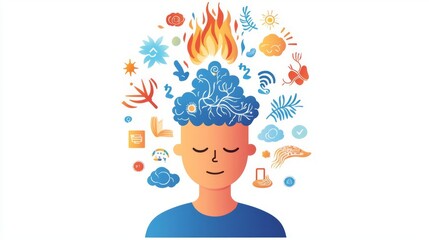 A creative illustration showcasing a person with colorful ideas and emotions represented above their head.