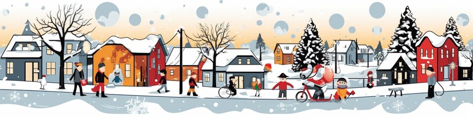 Festive village scene with diverse families enjoying winter activities in a snowy landscape.