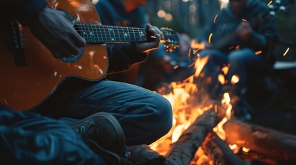 Obraz premium playing guitar alone accompanied by a campfire to warm the body while camping