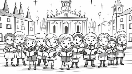 Fototapeta premium A diverse group of children joyfully singing in front of a historic building.