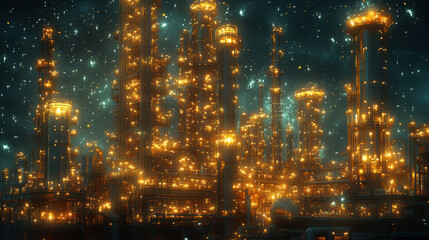 Obraz premium stunning steel plant illuminated at night, showcasing mesmerizing display of lights against dark sky. industrial landscape is filled with towering structures and glowing elements, creating