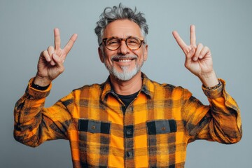 Fototapeta premium Smiling Man in a Yellow Plaid Shirt Showing Peace Sign with Both Hands