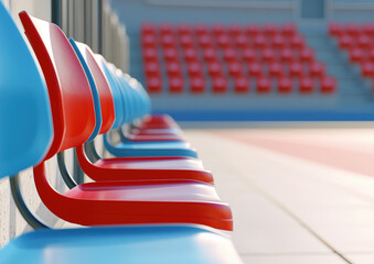 Modern sports stadium seating features vibrant red and blue chairs arranged in neat rows, creating lively atmosphere for spectators. design emphasizes comfort and style