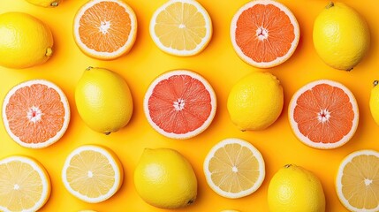 Fototapeta premium Close-up of grapefruit and lemon slices. Juicy refreshing citrus fruits. Fruit background. Illustration for banner, poster, cover, brochure, advertisement, etc.