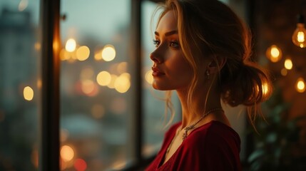 Fototapeta premium Romantic Portrait of a Woman in Red Gazing at Night Lights