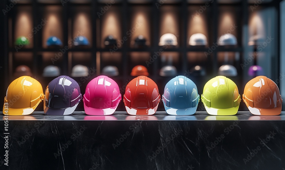 Poster A row of eight colorful hard hats on a black marble counter with a blurred background of more hard hats on shelves.