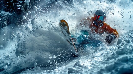 Naklejka premium A skier in an orange jacket and helmet speeds down a snowy slope, creating a spray of powder.