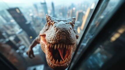 A breathtaking view of a dinosaur climbing the modern skyscrapers, symbolizing the clash of ancient primal forces with futuristic human civilization in a cityscape.