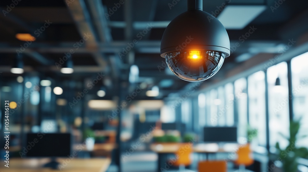 Poster a security camera hangs from the ceiling in a modern office space, with blurred figures in the backg