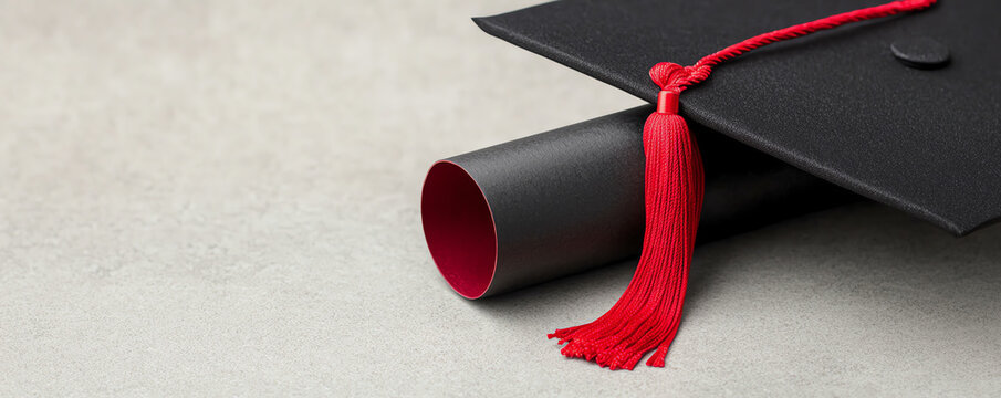 Closeup of diploma and graduation cap, symbolizing personal achievement and cherished memories
