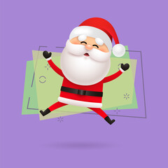 Cheerful Santa Claus jumping, having fun and celebrating Xmas. Christmas concept. Realistic vector illustration can be used for greeting cards, festive banner and poster design