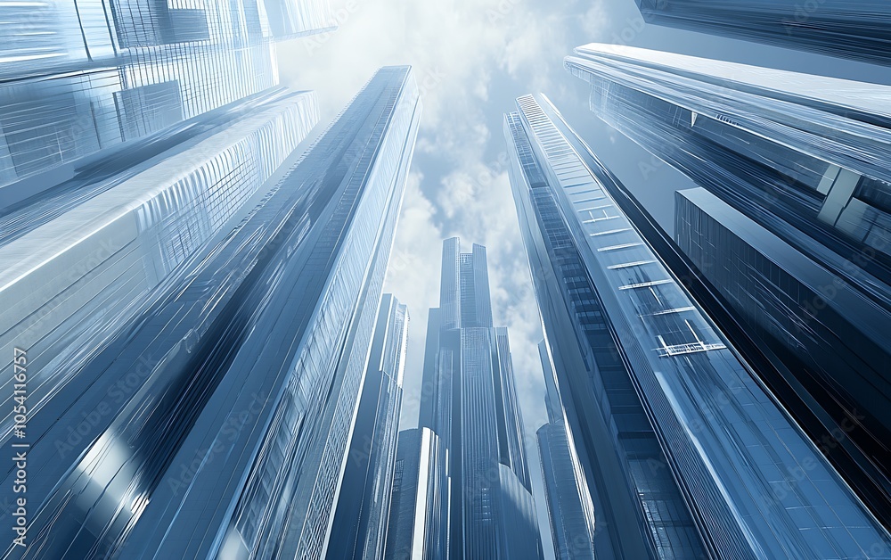Poster skyward view of modern skyscrapers touching blue skies urban architecture : generative ai
