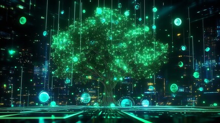 Obraz premium Futuristic Digital Tree with Glowing Green Nodes in a Cityscape at Night : Generative AI
