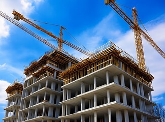 Highrise construction under bright blue sky with cranes and concrete structure : Generative AI