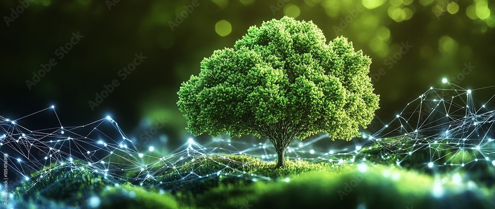 Aufkleber Symbolic Tree Representing Nature and Technology with Digital Network Linkages : Generative AI