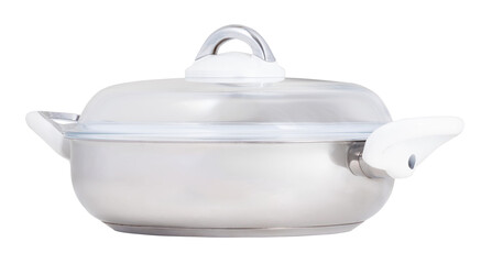 Stainless steel saucepan pot cooking with glass lid and white handles, for home kitchen, front view, isolated on white background.