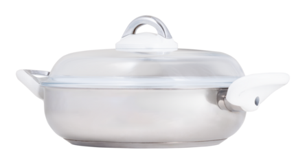 Stainless steel saucepan pot cooking with glass lid and white handles, for home kitchen, front view, isolated on white background.