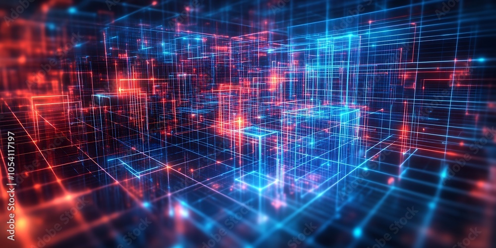 Aufkleber Abstract digital grid pattern with blue and red neon lights representing futuristic technology : Generative AI
