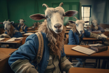Goats sitting in classroom wearing clothes and backpacks, concept of education