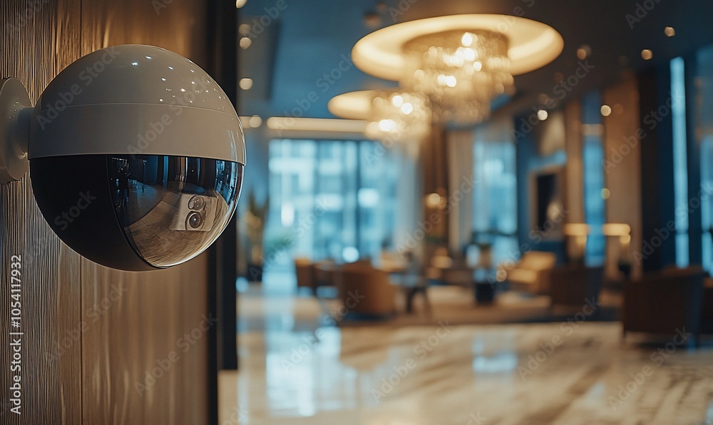 Aufkleber a security camera mounted on a wooden wall in a modern building lobby with blurred background.