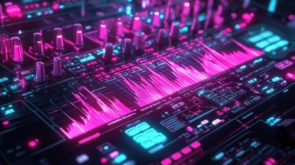 A futuristic soundboard with a pink and blue neon light display.