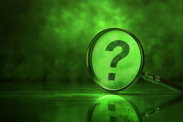 Question mark with magnifying glass, copy space