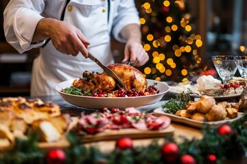 A festive chef carves a beautifully roasted turkey surrounded by holiday delights and warm, twinkling lights for a Christmas feast. Generative AI