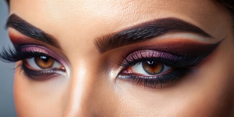 Obraz premium Close-up of a woman's eye with dramatic eye makeup, featuring dark eyeshadow, winged liner, and long lashes, highlighting the beauty of the human gaze.