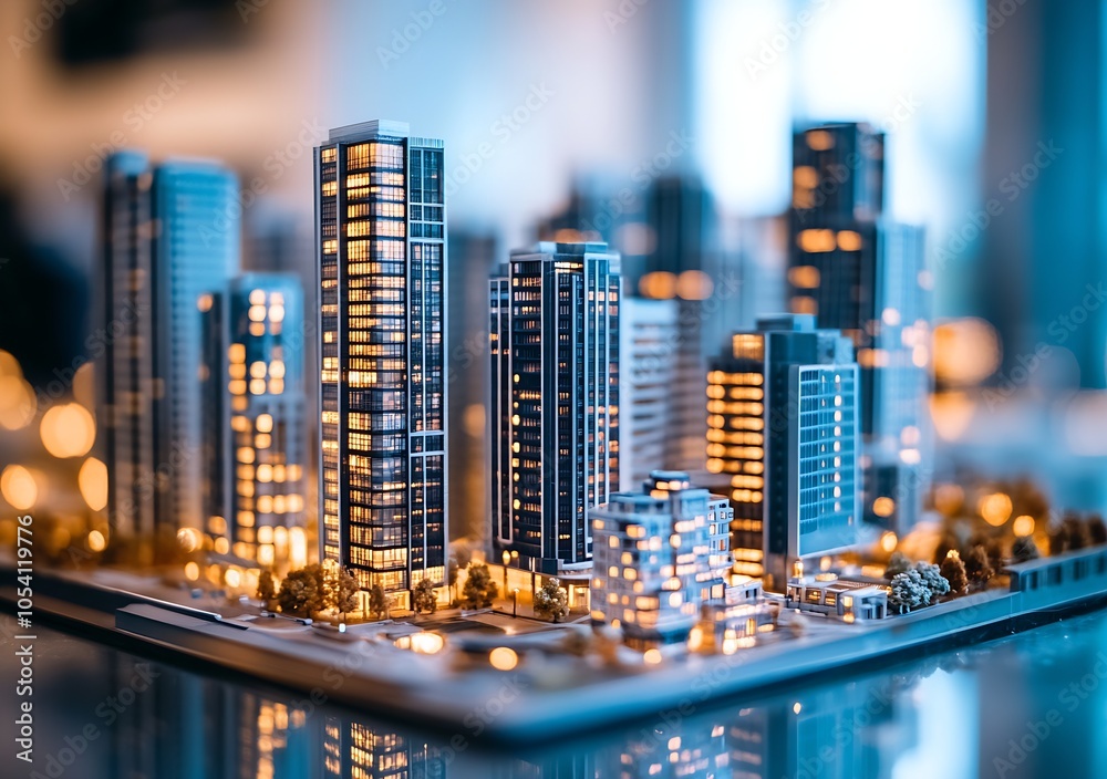Poster illuminated modern skyscrapers in cityscape model at dusk : generative ai