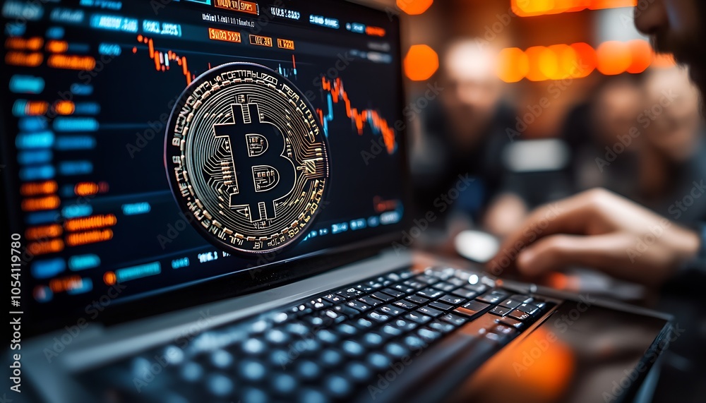 Aufkleber Bitcoin Cryptocurrency Trading on Laptop Display with Graph in Background : Generative AI