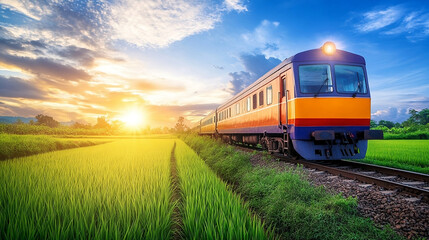 Fototapeta premium train passing rice field