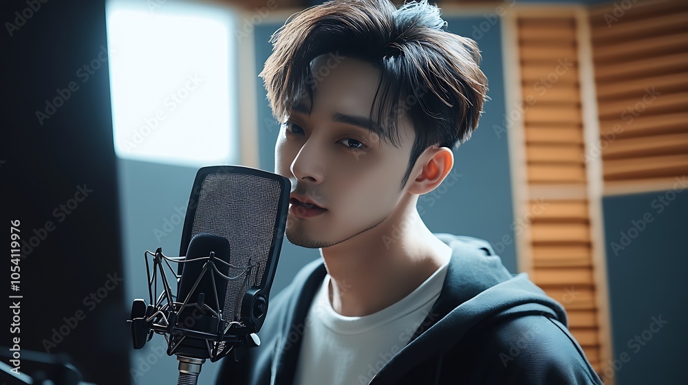 Poster talented male vocalist singing in studio with professional microphone setup : generative ai