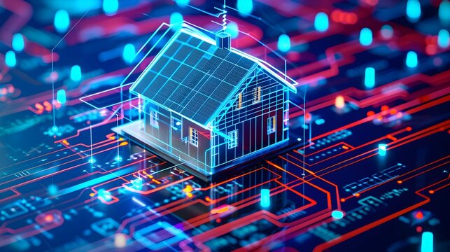 A computer generated image of a neighborhood with houses lit up in orange. The houses are arranged in a grid pattern, with some houses closer together and others further apart