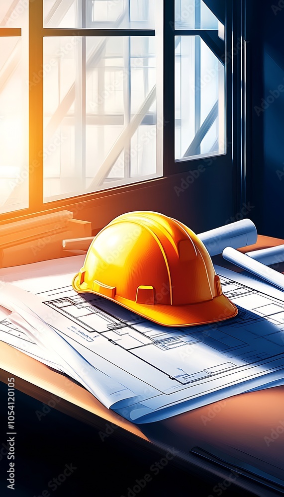 Poster sunlit construction plans with safety helmet on architect's desk at modern building office : generat