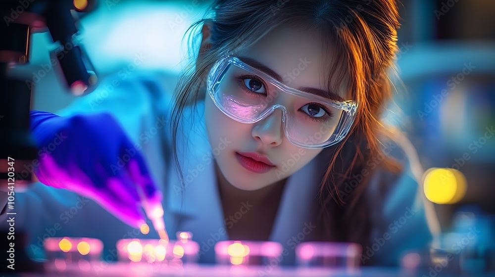 Poster Focused Scientist Conducts Laboratory Experiment Wearing Protective Gear : Generative AI