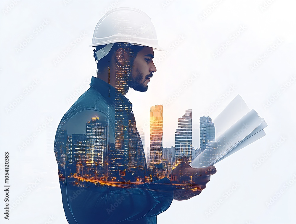 Poster architectural innovation concept with cityscape and professional engineer : generative ai