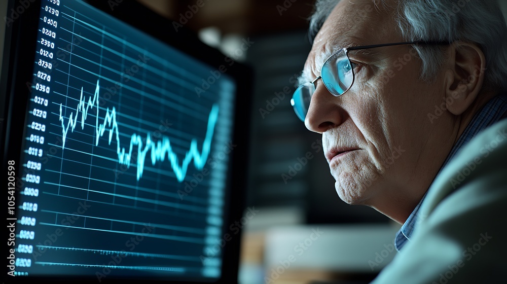 Poster Elderly Man Analyzing Stock Market Data on Computer Screen : Generative AI