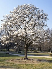 Magnolia Tree in Full Bloom in a Park