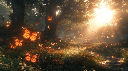 Obraz premium Sunlit Forest Path with Glowing Butterflies