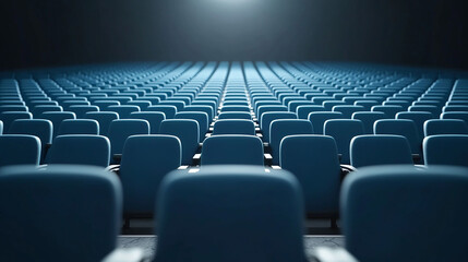 Fototapeta premium Empty theater with rows of blue seats creating serene atmosphere