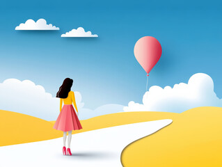 Fototapeta premium woman in pink dress stands on winding path, gazing at red balloon in sky, symbolizing new beginnings and growth. scene is bright and uplifting